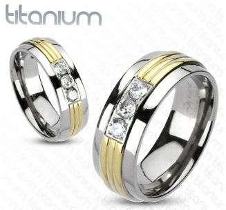 **FAST LOCAL SHIPPING!**TITANIUM TRIPLE CZ GOLD BANDED WEDDING RING