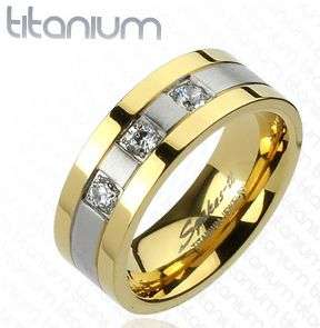 **Fully insured intl shipping**Superb Solid titanium IP gold brushed centre triple CZ band