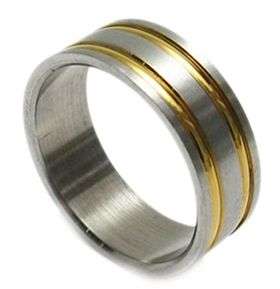 **R175 insured intl shipping!**SUPERB STAINLESS, GOLD STRIPED SATIN SMOOTH FINISH RING size 9-13