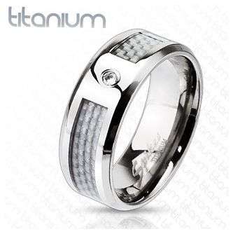 **FULLY INSURED INTL SHIPPING!**UNIQUE WHITE SILVER CARBON FIBRE INLAY CZ WEDDING BAND