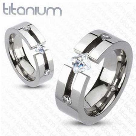 **FREE SHIPPING**Solid Titanium Triple CZ Princess Cut Center Tension Ring Setting