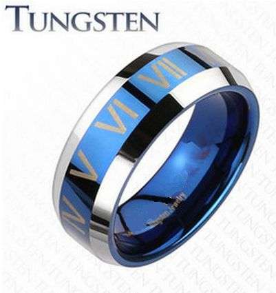 **FREE INTL SHIPPING**Blue Stripe Roman Numerals Tungsten Wedding Ring Size 9,10,11,12,13