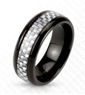 **NEW ITEM!!**BLACK TITANIUM SILVER CARBON STRIPE INLAY DESIGN TITANIUM WEDDING BAND SIZE 15