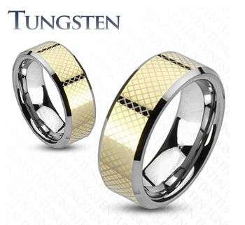 **FREE SHIPPING!** STUNNING TUNGSTEN CARBIDE SATIN FINISH CHECKERS LASER ETCHED GOLD WEDDING RING