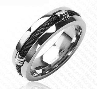 **FREE SHIPPING!**BLACK TITANIUM STEEL ROPE INLAY DESIGN BAND