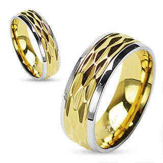 **FAST LOCAL SHIPPING!**SUPERB STAINLESS, BEAUTIFULLY GOLDEN ACCENTED RIDGED WEDDING RING