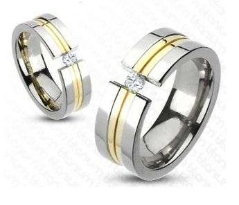 **GOLD INLAY 0.25CTW SOLID TITANIUM TWIN GOLD STRIPED WEDDING BAND RING