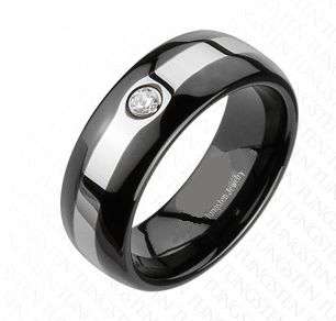 **FREE SHIPPING!!**SUPERB SATIN SMOOTH SINGLE GEM SILVER STRIPE BLACK TUNGSTEN WEDDING RING