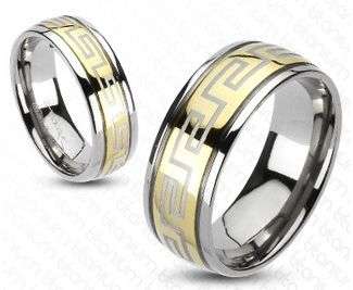 **SUPERB SOLID TITANIUM GREEK GOLD MAZE DOME SATIN SMOOTH COMFORT FIT WEDDING BAND