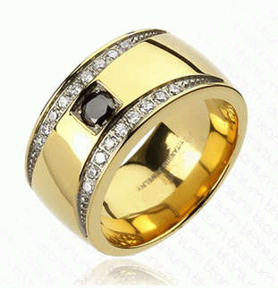 **NO RESERVE!**SUPERB SOLID TITANIUM RING GOLD IP CRESCENT DESIGN BLACK CZ WEDDING BAND