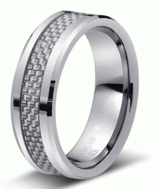 **FREE SHIPPING!**SOLID TUNGSTEN CARBIDE WHITE CARBON STRIPE INLAY WEDDING RING