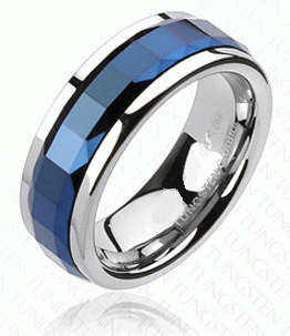**FREE SHIPPING!**SOLID TUNGSTEN CARBIDE BLUE FACETED SQUARE CUT SPINNER WEDDING RING