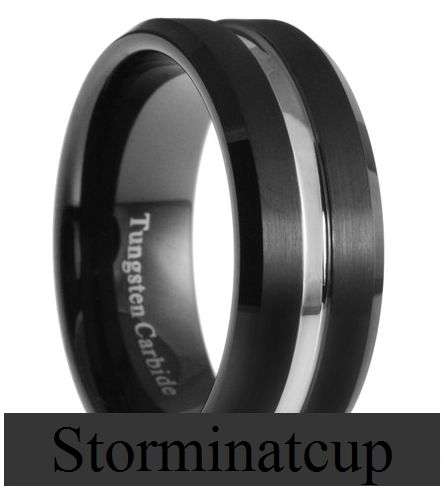 **FAST SHIPPING!** SILVER CENTRE BLACK TUNGSTEN CARBIDE WEDDING RING