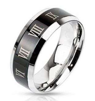 Stainless Steel Black IP Center with Roman Numerals Beveled Edge Band Ring