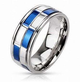 Stainless Steel Duo Tone Blue IP Checker Band Ring