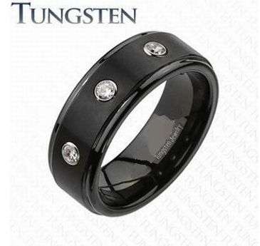 **COMFORT FIT TUNGSTEN CARBIDE BLACK IP TRIPLE  CZ WEDDING RING
