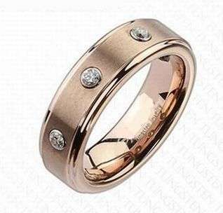 **COMFORT FIT TUNGSTEN CARBIDE ROSE GOLD IP TRIPLE GEM CZ WEDDING RING
