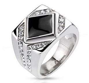 **FREE SHIPPING! NO RESERVE**MENS THICK,SOLID DESIGNER STAINLESS STEEL OVAL ONYX & CZ GEMS RING T1/2