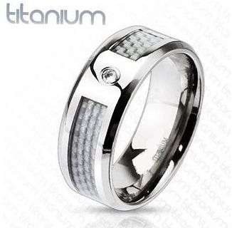 SOLID TITANIUM UNIQUE SILVER CARBON FIBRE INLAY CZ WEDDING BAND