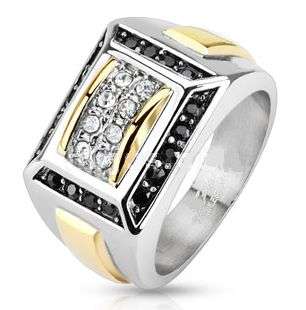 **FREE SHIPPING! NO RESERVE**MENS THICK,SOLID DESIGNER STAINLESS STEEL 2TONE MICRO PAVE CZ GEMS RING