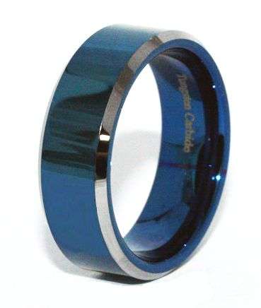 **FREE SHIPPING!**STUNNING WIDE BLUE MIRROR STRIPE CENTRE TUNGSTEN CARBIDE WEDDING RING