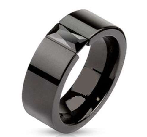 **FREE SHIPPING!**MIDNIGHT STAINLESS EMERALD CUT CZ ACCENTED SATIN SMOOTH WEDDING RING