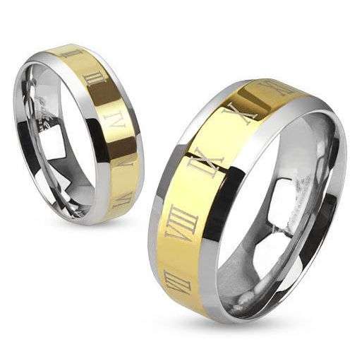 **FREE SHIPPING!**GOLDEN DOME STAINLESS ROMAN NUMERALS ACCENTED SATIN SMOOTH WEDDING RING
