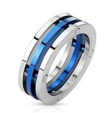 **MENS SOLID STAINLESS STEEL BLUE IP CENTRE TRIPLE BAND COMBINATION RING