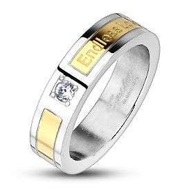 **SOLID STAINLESS STEEL GOLD IP "ENDLESS LOVE" ENGRAVED CZ RING