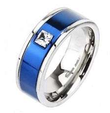 **FREE SHIPPING!**SOLID TITANIUM BLUE IP PRINCESS CZ ACCENTED SATIN SMOOTH RING