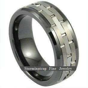 **DONT MISS THIS ONE!!**INTRICATE BLACK & BRUSHED STEP GROOVE Tungsten Carbide Wedding Ring Size