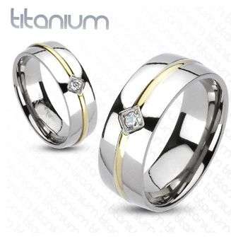 **FREE SHIPPING!**SOLID TITANIUM GOLDEN STRIPE MIRROR FINISH DOME CZ WEDDING BAND