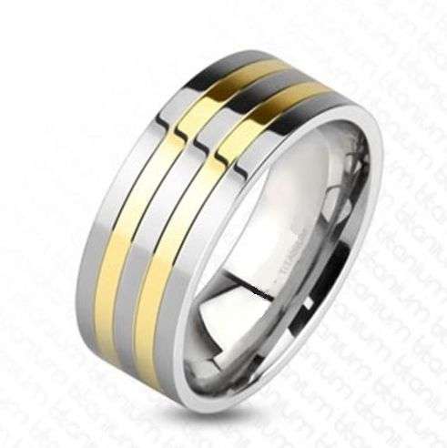 **NO RESERVE! DON'T MISS OUT!**SATIN SMOOTH TITANIUM TWIN GOLDEN STRIPE 2 TONE WEDDING BAND