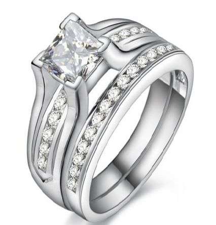 **NEW DESIGN!!**STUNNING! SOLID STERLING SILVER DESIGNER PRINCESS PAVE WEDDING RING SET