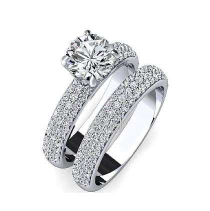 **SOLID STERLING SILVER!" Superb Solitaire Micro Pave Cr. Diamonds Wedding Ring Set