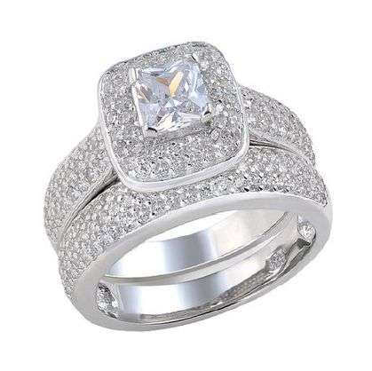 SOLID STERLING SILVER!` Designer Princess Halo Micro Pave Wedding Ring Set