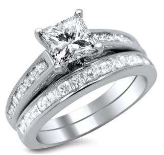 **SOLID .925 STERLING SILVER!** 2.10ct Princess Cut Solitaire and Accent Wedding Ring Set