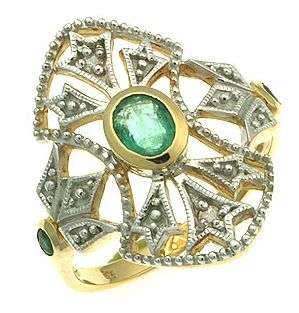 **FREE SHIPPING**SOLID 9K GOLD CERTIFIED ANTIQUE STYLE 1.1CT NATURAL DIAMOND & EMERALD 9K SOLID GOLD