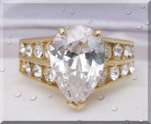 TEAR DROP ENGAGEMENT RING - CZ DIAMONDS SET IN 18K YELLOW GOLD GP SIZE 4