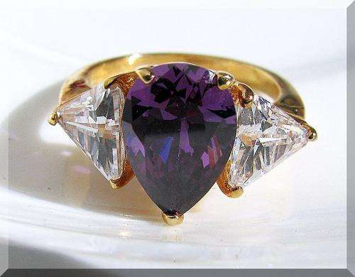 3.40CTW TRILOGY CREATED AMETHYST& DIAMOND PEAR CUT RING CLAD IN 18K WHITE GOLD SIZE 4