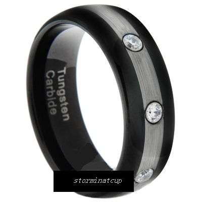TUNGSTEN CARBIDE 2 TONE 3 STONE BRUSHED/BLACK WEDDING RING   SIZE 12