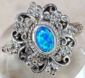 SOLID STERLING SILVER RING SET WITH FIERY SIMULATED BLUE OPAL size 7