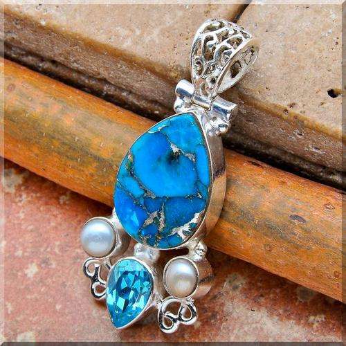 **72% REDUCED SHIPPING!**BEAUTIFUL BLUE TOPAZ, TURQOISE, PEARLS PENDANT! IN SOLID STERLING SILVER!!!