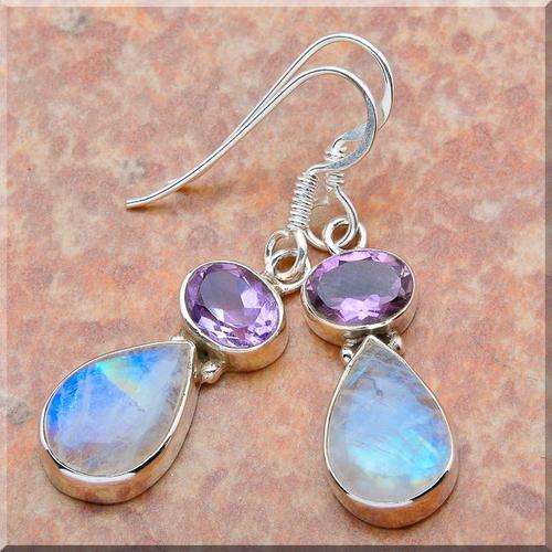 MAGNIFICENT MOONSTONE AMETHYST EARRINGS!!! SET IN SOLID STERLING SILVER