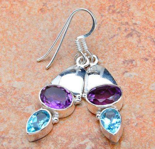**DIRECT IMPORT!**BEAUTIFUL FACETED AMETHYST/BLUE TOPAZ EARRINGS!!! SET IN SOLID STERLING SILVER