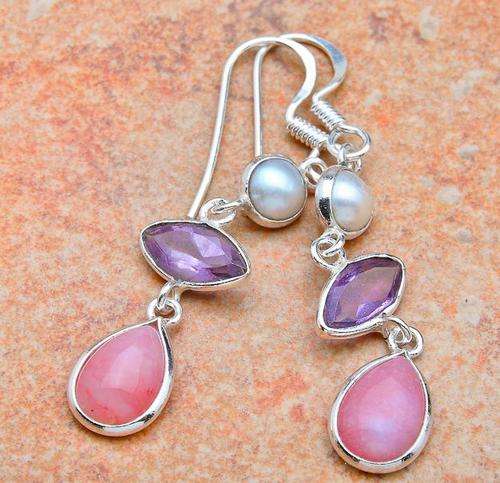 FREE SHIPPING! LOW START! PINK OPAL & AMETHYST,PEARL EARRINGS!!! SET IN SOLID STERLING SILVER