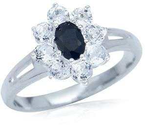 **FULLY INSURED SHIPPING!**Natural Black Sapphire&Topaz .925 Sterling Silver Flower Cluster Ring sz7
