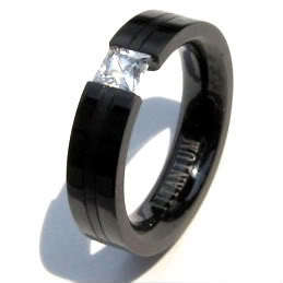 TITANIUM BLACK TENSION RING WITH SQUARE CZ & ACCENT-# 6