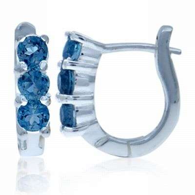 ***0.84ct! LOVELY LONDON BLUE TOPAZ 3-Stone SOLID STERLING SILVER HUGGIE EARRINGS
