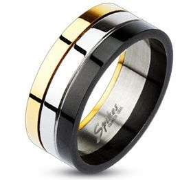 **R175 insured intl shipping!**SUPERB STAINLESS, GOLD, ONYX IN SATIN SMOOTH FINISH RING size 9-13